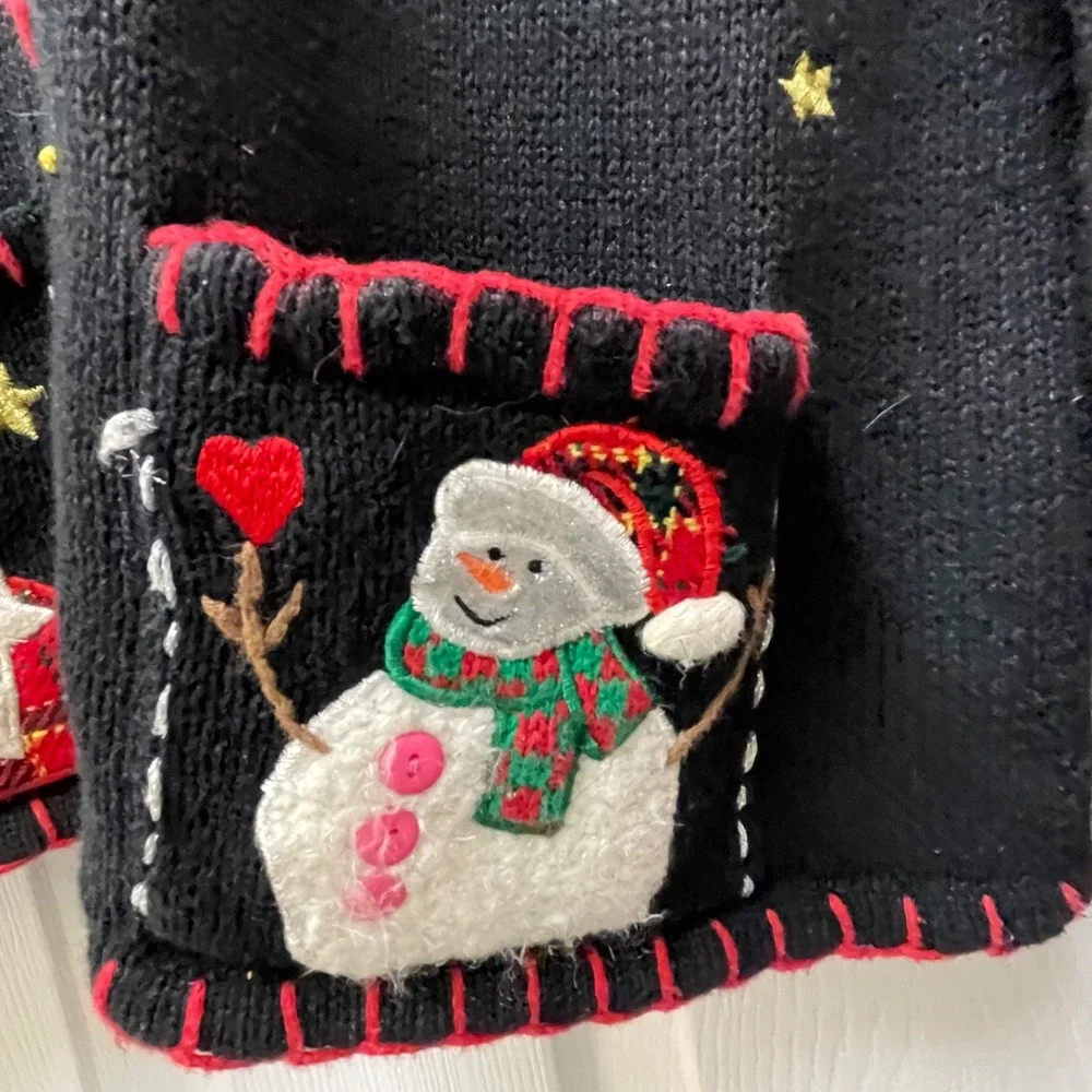 Vintage Ambria Women's Petite Med Cardigan Black Christmas Ugly‎ Sweater Beaded